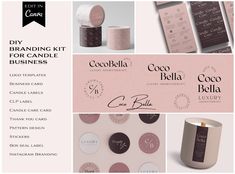 branding kit for candle business with pink and brown colors on the front, black and white logo