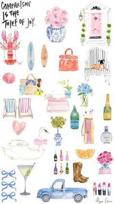 watercolor painting of different types of furniture and accessories on a white background with text that reads, comparaison thief of joy