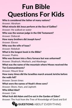 a pink poster with the words fun bible questions for kids