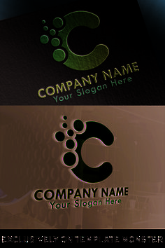 three different logos with the letter c in green and black colors, on a dark background