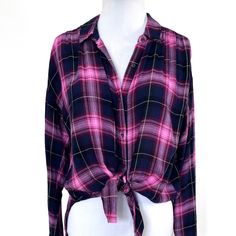 Good Luck Gem Blue Pink Magenta Plaid Button Down Shirt. Lighter Weight Than Flannel, This Rayon Oversized Button Down Has Long Sleeves, Side Vent Hem, Long Hem Can Be Tied In Front. Bright Fun Colored Plaid. Get The Look Of Flannel Without The Weight Size Xs Oversized Approx 23.5" Flat Across Underarms, 24" Long New With Tag Pink Button-up Shirt For Day Out, Casual Pink Button-up Shirt, Casual Pink Blouse With Button Closure, Pink Button-up Tops With Button Closure, Trendy Pink Button-up Top, Casual Pink Top With Button Closure, Pink Button-up Tops For Daywear, Mayday Parker, Pink Flannel Shirt