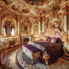 an ornate bedroom with gold and purple decor