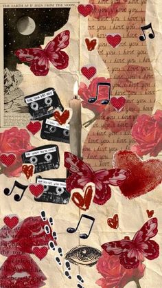 an altered collage with hearts, music notes, and a candle in the middle