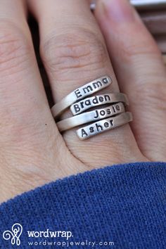 Give this sterling silver name ring as the perfect Mother's Day gift. Click through to personalize yours. Ring For Mom, Ring Name, Double Rings, Mothers Ring, Hand Stamped Ring, Silver Wrap Ring, Mom Ring, Stamped Rings, Mother Jewelry