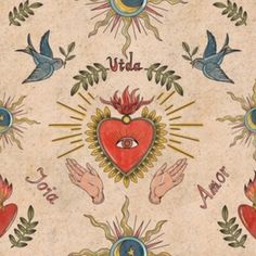 an image of the sacred heart surrounded by hands and sunbursts with words under it