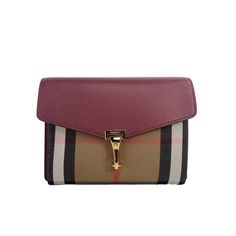 Style: Burberry Small Macken Crimson Red Bag Material: Canvas / Leather Features: Check Print, Gold hardware, Crimson, Interior Zip Pocket Measures: 7" H x 9.5" W x 3.25" D Size: S.  Gender: female.  Age Group: adult. Red Bag, Crimson Red, Canvas Leather, 7 H, Cloth Bags, Leather Crossbody Bag, Leather Crossbody, Gold Hardware, Gender Female