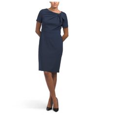 Color: Navy Blue Bow Detail, Fabric Provides Stretch Short Sleeve, Tie Neck, Mini Dress 39in Long Hidden Back Zip Closure 96% Polyester, 4% Spandex Brand New With Tag. Blue Knee-length Elastane Dress, Blue Elastane Knee-length Dress, Elegant Blue Elastane Midi Dress, Blue Elastane Formal Midi Dress, Navy Fitted Mini Dress For Work, Fitted Navy Mini Dress For Workwear, Flattering Formal Blue Dress, Flattering Blue Formal Dress, Formal Blue Flattering Dress