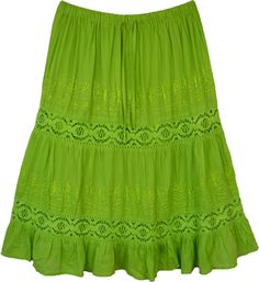 This lightweight cotton skirt in fresh grass green color with gathers on top for flare is a cool boho chic skirt for summers.  This is a casual everyday skirt with lace details, embroidery and panels for fullness. #tlb #Embroidered #Lace #XLPlus #greenmidlengthskirt #cottonskirt Green Cotton Casual Maxi Skirt, Green Cotton Maxi Skirt, Green Cotton Summer Skirt, Green Cotton Lined Maxi Skirt, Green Cotton Maxi Skirt With Lining, Green Flowy Cotton Maxi Skirt, Green Cotton Maxi Skirt With Relaxed Fit, Green Flared Maxi Skirt For Summer, Spring Green Cotton Skirt