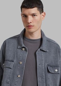 Color: Grey Wash Midweight denim fabric Relaxed silhouette Drop shoulders Front patch pockets Front button closure Unlined 100% Cotton Hand Wash Cold Imported Oversized Denim Jacket, Grey Wash, Denim Fabric, Gray Jacket, Drop Shoulder, Patch Pocket, Denim Jacket, Hand Wash, Grey