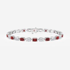 4.4x3.0 mm Emerald Cut Created Ruby and 3 2/5 ctw Oval Lab Grown Diamond Alternating Fashion Bracelet - 7 Inches 14K White Gold Emerald Cut, Fashion Bracelets, Lab Grown, Lab Grown Diamonds, Platinum, Ruby, Emerald, Lab, White Gold