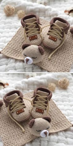 two pictures of teddy bear shoes on top of a crocheted mat with yarn