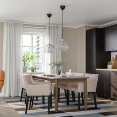 a dining room table and chairs in front of a window