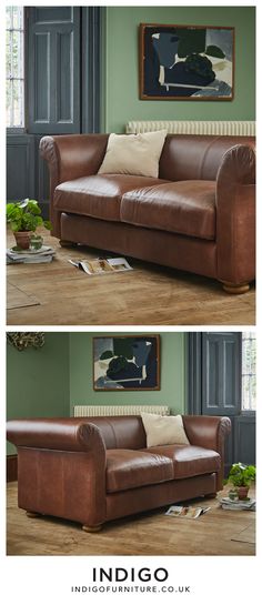 two pictures of a brown leather couch in front of a green wall and wooden floor