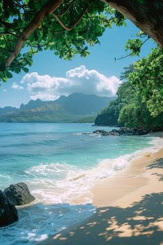 the beach is surrounded by lush green trees and blue water with mountains in the distance