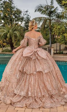 Gold quinceanera a-line ball gown with sweetheart neckline and removable puff sleeves. Whimsical Ball Gown, Ballroom Extravaganza, Gold Quinceanera, Fantasy Ball, Quinceanera Themes, Quince Dress, Fashion Fantasy, Fantasy Dresses, Quinceanera Dress