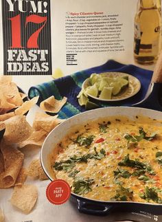 an advertisement for yum's fast ideas with tortilla chips and salsa