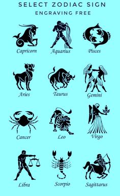 zodiac signs are shown in black and white on a blue background, with the words sagit