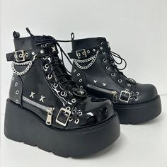 Women Platform Gothic Ankle Combat Boots Rivet Chain Wedges Punk Cosplay Zip Booties Autumn Winter Motorcycle Shoes - black matte B / 10 / CHINA