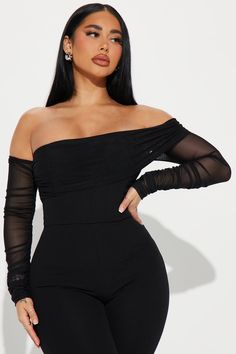 Available In Black And Magenta. Jumpsuit Long Sleeve Off Shoulder Fold over Neckline Boning Ruched Wide Leg Hidden Side Zipper Stretch Self: 95% Polyester 5% Spandex Contrast: 92% Polyester 8% Spandex Lining: 100% Polyester Imported | Pretty Date Jumpsuit in Black size Medium by Fashion Nova Stretch Off-shoulder Jumpsuit For Night Out, Off-shoulder Stretch Jumpsuit For Night Out, Black Stretch Off-shoulder Bodysuit, Black Off-shoulder Stretch Bodysuit, Fitted Off-shoulder Black Romper, Stretch Off-shoulder Bodysuit For Evening, Black Stretch Off-shoulder Jumpsuits And Rompers, Stretch Off-shoulder Evening Bodysuit, Ruched Jumpsuits And Rompers For Night Out