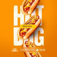 two hot dogs in buns with mustard and ketchup on them against an orange background