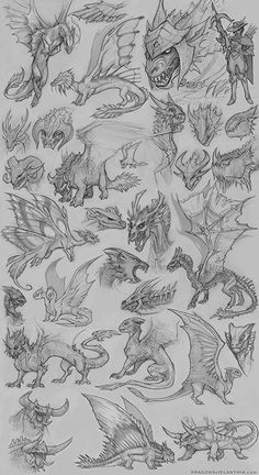 a drawing of various types of dragon heads and wings, all drawn in black ink