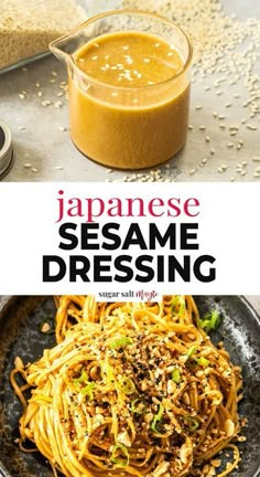 japanese sesame dressing on a plate next to a bowl of noodles and a glass of orange juice