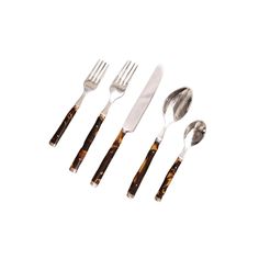 four forks, two spoons and one knife with tortoise shell handles on a white background