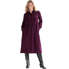 Step into cozy elegance with the Woman Within Women's Plus Size Plaid Flannel A-Line Shirtdress. Perfect for those who value comfort without compromising on style, this dress features a charming deep claret plaid pattern that adds a touch of rustic charm to your wardrobe.

- Size: 16 W
- Color: Deep Claret Plaid
- Material: Softly brushed flannel
- Gender: Female
- Age Group: Adult
- Style: A-line shirtdress with a generous sweep for a roomy fit

This dress is ideal for casual outings or relaxed Flannel Dresses For Women, Plaid Dresses For Daywear In Winter, Plaid Dress For Daywear In Winter, Plaid Dresses For Winter Daywear, Flannel Dresses, Flannel Texture, Lace Jacket Dress, Plaid Material, Plus Size Plaid