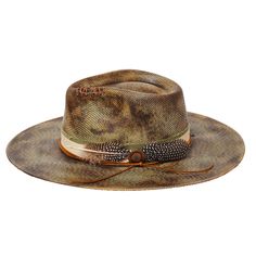 Introducing the ALABAMA Premium Canvas hat. This hat features a polyester band, a suede decorative rope and a feather insert with a bronze pin. The 3.5 inch flat brim is part of the exclusive Stampede Collection, offering a look of classic elegance. Adjustable Straw Hat With Flat Brim For Fall, Brown Felt Hat With Flat Crown For Summer, Brown Flat Crown Felt Hat For Summer, Summer Brown Felt Hat With Flat Crown, Brown Summer Felt Hat With Flat Crown, Adjustable Fedora With Feather Trim For Kentucky Derby, Brown Curved Brim Hat Band With Feather Trim, Adjustable Fedora With Feather Trim And Curved Brim, Adjustable Hat Band With Feather Trim And Flat Brim