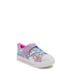 She'll look fascinating in these preschool girls' Skechers Twinkle Sparks-Jumpin Clouds lavender dress sneakers. Featuring unicorn rainbow print canvas upper, these slip-on sneakers have an Twinkle Toes light-up rhinestone embellished toe cap, hook-and-loop strap closure and gore for a snug fit, synthetic footbed, cushioned comfort insole, Shock-absorbing vulcanized midsole and a rubber outsole. | Skechers Toddler Girls' Twinkle Sparks - Jumpin' Clouds Sneaker in Lavender Size 5 Medium Dress Sneakers, Sketchers Shoes, Preschool Girl, Girls Shoes Sneakers, Lavender Dress, Twinkle Toes, Lavender Dresses, Unicorn Rainbow, Rainbow Print