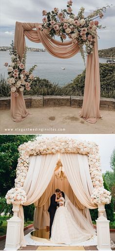 two pictures of a wedding ceremony with flowers and draping on the altars