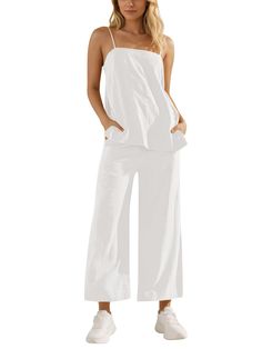 PRICES MAY VARY. Material: The 2 piece linen sets is made of premium cotton and viscose. Featured with soft and lightweight, wear-resistant and breathable to wear Camisole Top: Chic summer outfits with sleeveless tank top, split hem, loose fit, solid color, basic style is perfect with any shorts, jeans, leggings Wide Leg Pants: Waistband is soft elastic, the drawstring has plenty of length, allowing for easy adjustment of the tightness. Side pockets can hold your essentials Occasion: 2 piece lou Vacation Cotton Sets In Solid Color, Solid Color Cotton Sets For Vacation, Cotton Sets In Solid Color For Vacation, Solid Color Summer Sets With Relaxed Fit, Summer Cotton Sets With Long Pants, Solid Cotton Sets For Vacation, Solid Color Summer Loungewear Pants, Solid Color Pants For Summer Loungewear, Cotton Long Pants Set For Summer