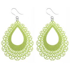 Our eye-catching Large Lace Teardrop Earrings (Dangles) give a unique and elegant touch, perfect for any special occasion or everyday look. Lightweight, hypoallergenic, and made with plastic hooks, these earrings provide comfort and won't irritate sensitive ears. Get the perfect look, without the weight! Earring length: 78mm Green Dangle Teardrop Earrings For Party, Elegant Green Hypoallergenic Teardrop Earrings, Hypoallergenic Teardrop Earrings For Party, Green Teardrop Chandelier Earrings Nickel Free, Green Teardrop Chandelier Earrings For Party, Green Teardrop Nickel-free Chandelier Earrings, Green Pierced Teardrop Dangle Earrings, Trendy Teardrop Chandelier Earrings For Pierced Ears, Green Teardrop Dangle Earrings