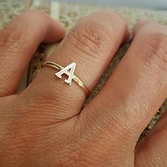 14k Yellow Gold Band With White Gold Initial "A" Band Ring. Available In Sizes 3 4 5 6 7 8 9 Item#Rg2345-1-30. Initial A, Letter Ring, Gold Initial, Letter A, Initial Letter, Initial Letters, Dainty Ring, Ring Band, Gold Band