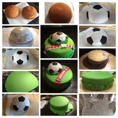 a collage of photos showing different cakes decorated to look like sports balls and soccer balls