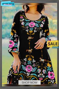 Vacation Loose Floral Dress Black Bohemian A-line Dress, Black A-line Bohemian Dress, Bohemian Shift Dress For Party, Black Long Sleeve Boho Dress For Summer, Black Shift Dress With Floral Print, Printed Long Sleeve Shift Dress, Black Tunic Dress For Spring, Bohemian Long Sleeve Shift Midi Dress, Black Floral Print Tunic Dress