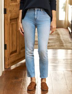 Introducing our founder's favorite jean ever. Derry is the ultimate all-rounder with a perfect rise, perfect contour waistband, perfect slim-straight silhouette...perfect everything! This jean is never too tight, elongates your leg, goes with every shoe in your closet. Psst, Derry is the perfect partner for all your F&E button-ups. Light Indigo Fitted Straight Leg Jeans, Fitted Light Indigo Straight Leg Jeans, Everyday Straight Denim Jeans, Everyday Straight Silhouette Denim Jeans, Straight Leg Jeans Shoes, Perfect Contour, Irish Butter, Jeans Shoes, Frank & Eileen