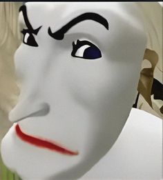 a close up of a person wearing a white mask with red lips and black hair