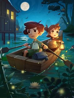 two people in a boat on the water at night