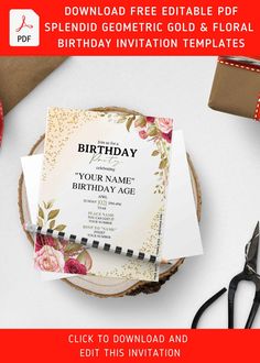 birthday party flyer template with flowers and stripes on the front, surrounded by other items