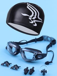 a helmet, goggles and earplugs on a blue background