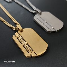 Introducing our stainless steel Dog Tag necklace, a unique and exclusive design that sets it apart. This necklace features a pendant that can be engraved on either the small side or the larger side, offering customization options to suit your preference. You can even choose to have engravings on both sides and both faces of the pendant for a truly personalized touch. (If you want to engrave both faces of the pendant, select the quantity of  engraves at checkout and contact us to specify the sides) Our Dog Tag necklace is available in both elegant gold and sleek silver finishes, catering to different style preferences. The standout feature of this necklace is its high-quality stainless steel construction, known for its durability and resistance to tarnishing, making it a lasting and low-mai Fashion 23, Roman Numerals Dates, Font Examples, Valentine Gifts For Girlfriend, Egyptian Jewelry, Stylish Necklace, Men Jewelry, Necklace For Men, Cool Necklaces