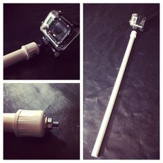 four different views of a camera and a long white stick