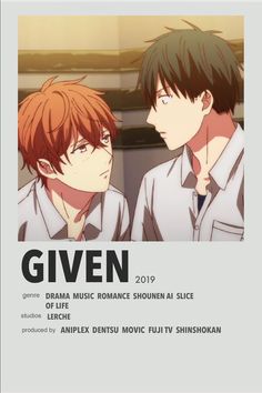 two anime characters are facing each other with the caption given above them that reads, drama music romance showen at slice of life