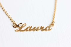 Vintage Name Necklace - Laura on Etsy, $16.00 Laura Name, 70s Memories, Pear Shaped Diamond Necklace, Girlfriend Necklace Gift, Diamond Cross Necklace Gold, Jewelry Name, Floating Diamond Necklace, Name Necklace Gold, Good Luck Necklace