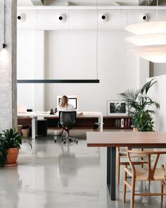 a woman is sitting at her desk in an office with plants and potted plants