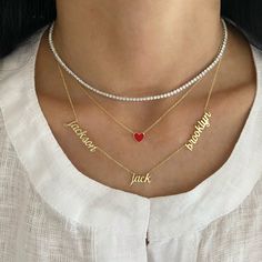 Add up to 6 names/words of your choice to this gorgeous necklace. Each name/word will be in a beautiful script font. Available in 14K Yellow, White or Rose Gold Available in all lowercase or first letter uppercase only Script font only Height is approx. 0.20" - 0.25" - varies per letter and uppercase/lowercase Length depends on the number of letters. Up to 10 characters per name only. Price is based on the number of names. FINAL SALE Classic Diamond Nameplate Jewelry, Classic Name Necklace With Diamond Accents For Anniversary, Classic Diamond-accent Name Necklace For Anniversary, Elegant 14k Gold Jewelry With Names, Personalized White Diamond Necklace, Elegant Personalized White Diamond Necklace, White Gold Nameplate Jewelry With Names, White Gold Nameplate Necklace With Names, Elegant Nameplate Necklace With Diamond Accents