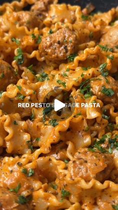 pasta with meatballs and parsley in a skillet