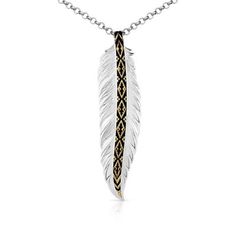 The Trust and Honor Feather Necklace is a stunning piece to add a bold element to any outfit. The incredible design features a silver tone feather that attaches to a 32 inch silver tone chain. Through the vein of the feather is a bright gold tone with an etched Southwest design that is made more predominant by deep black. This amazing design will make a statement every time you wear it. Montana Silversmiths necklaces are coated in Montana Armor to prevent tarnish. This necklace has a lobster cla Silver Feathered Sterling Silver Necklaces, Silver Sterling Silver Necklaces With Feathers, Elegant Sterling Silver Feather Jewelry, Silver Feather Pendant Jewelry, Southwest Design, Feather Necklace, Tractor Supply, Feather Necklaces, Accessories Jewelry Necklace