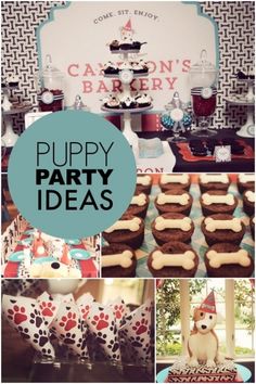 a collage of pictures with dog themed treats and desserts on it's table